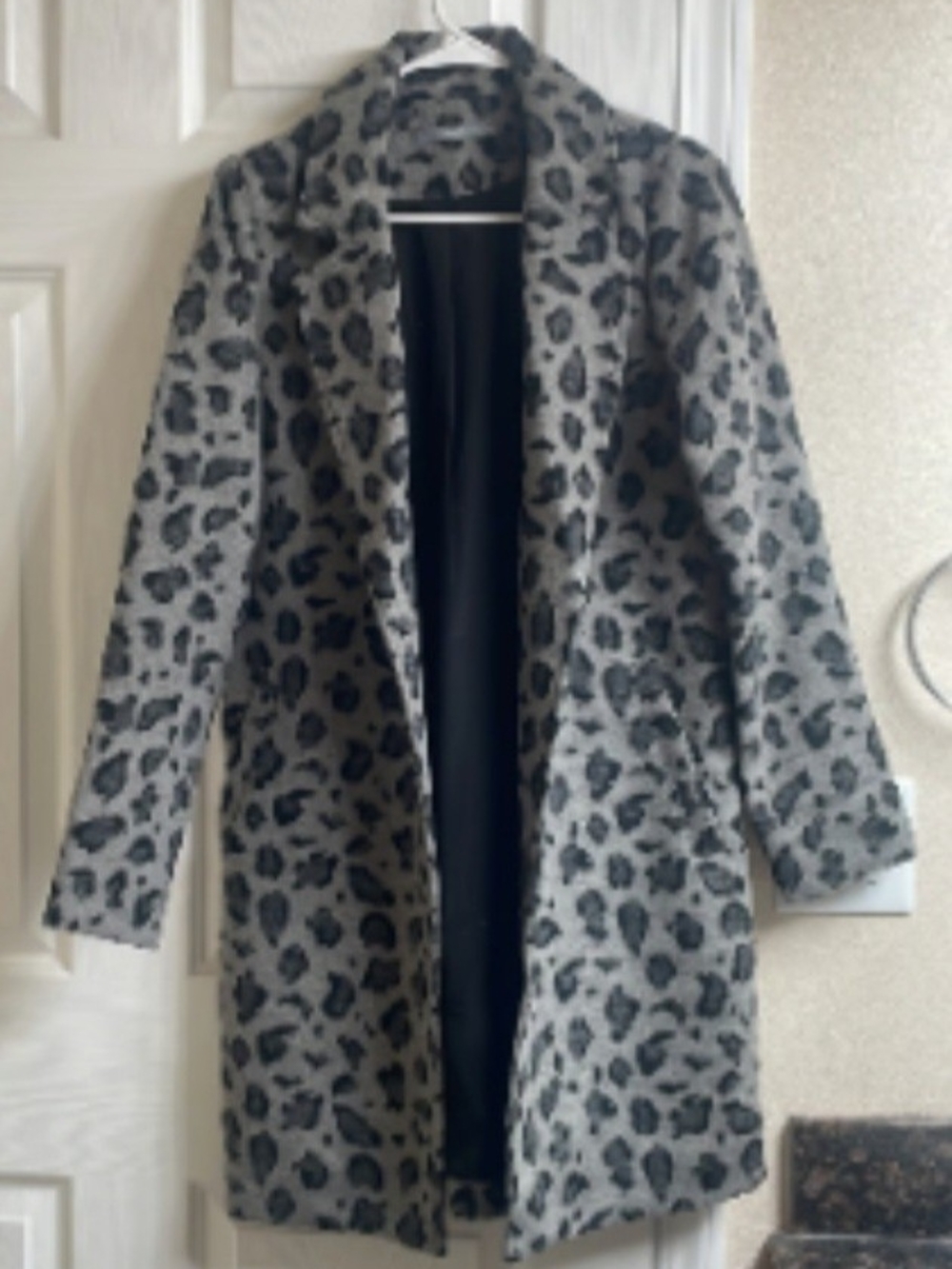 Ulla Popken Gray Leopard Print Open-Front Pea Coat
